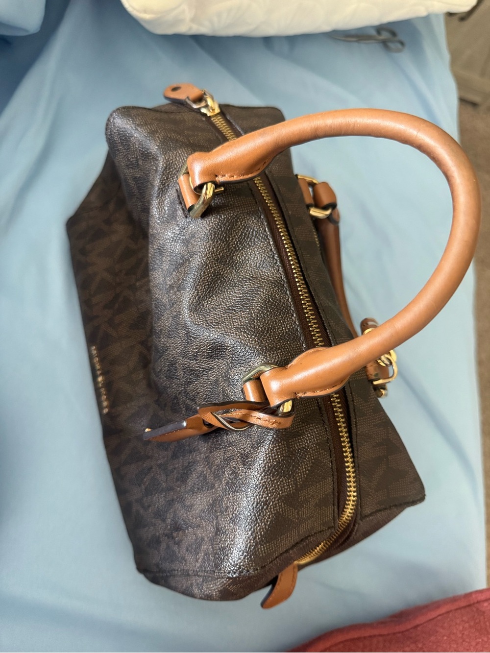 Michael Kors Brown MK Logo Duffel with Tan Handles and Gold Hardware - Picture 2 of 11
